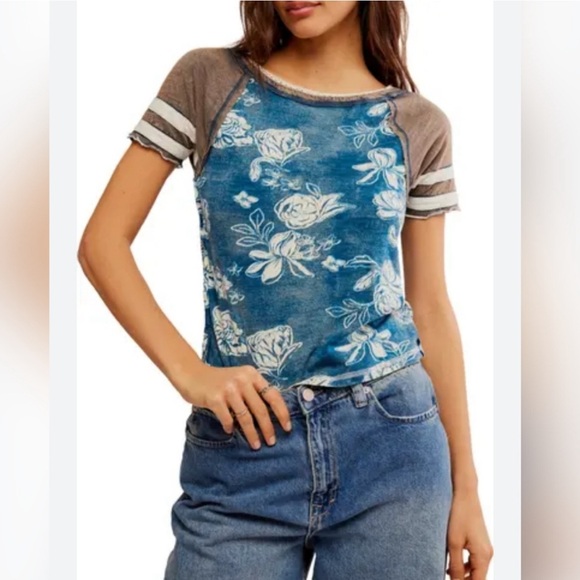Free People We The Free Wish You Were Here Tee Teal Combo Size M - Picture 1 of 7